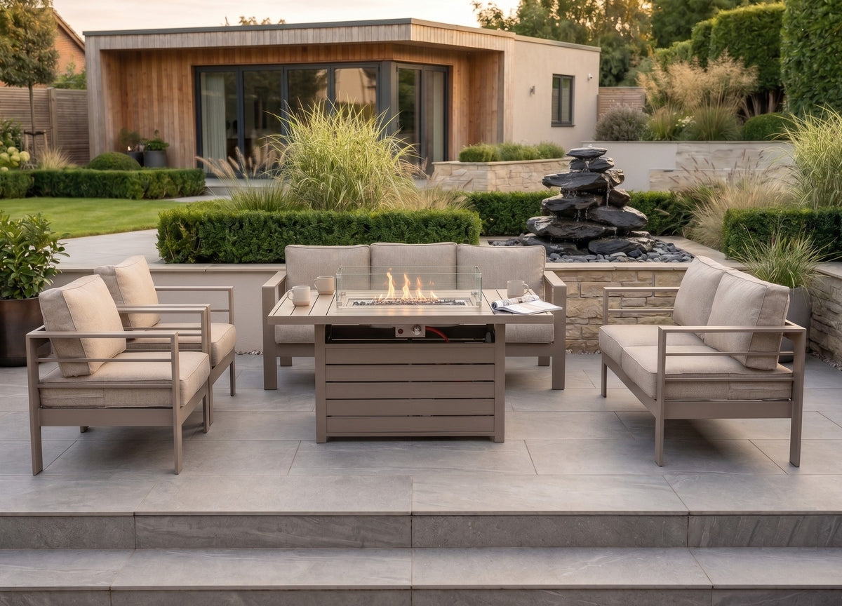Modern 7-Seater Aluminium Fire Pit Lounge Set (3 & 2 Seater, 2 Chairs) – Taupe / Natural