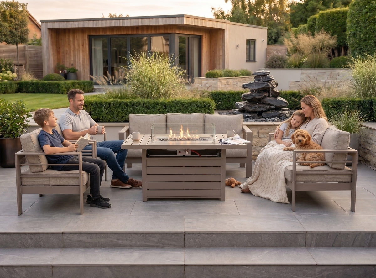 Modern 7-Seater Aluminium Fire Pit Lounge Set (3 & 2 Seater, 2 Chairs) – Taupe / Natural