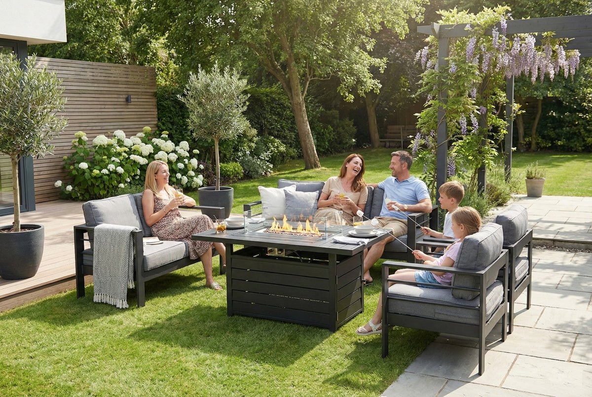 Aluminium 3 + 2 + 1 + 1 + Fire Pit Table Garden Furniture Sofa Set in Grey