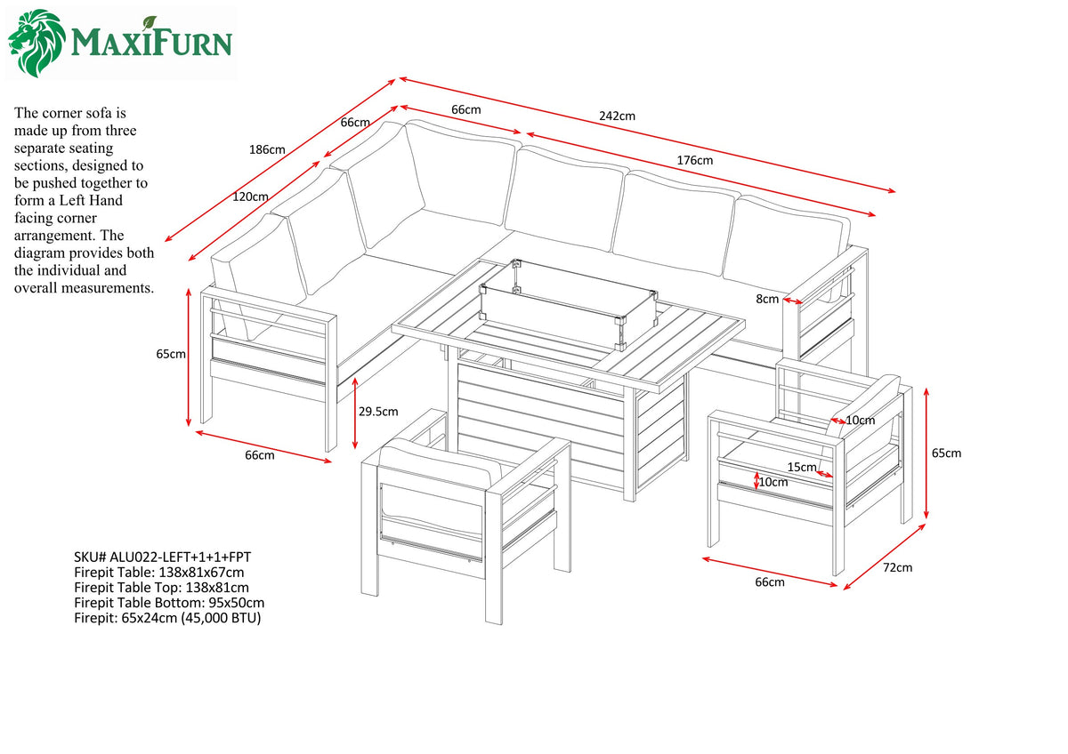 Aluminium Left Corner Sofa + 1 + 1 + Fire Pit Table Set in Black &amp; Grey