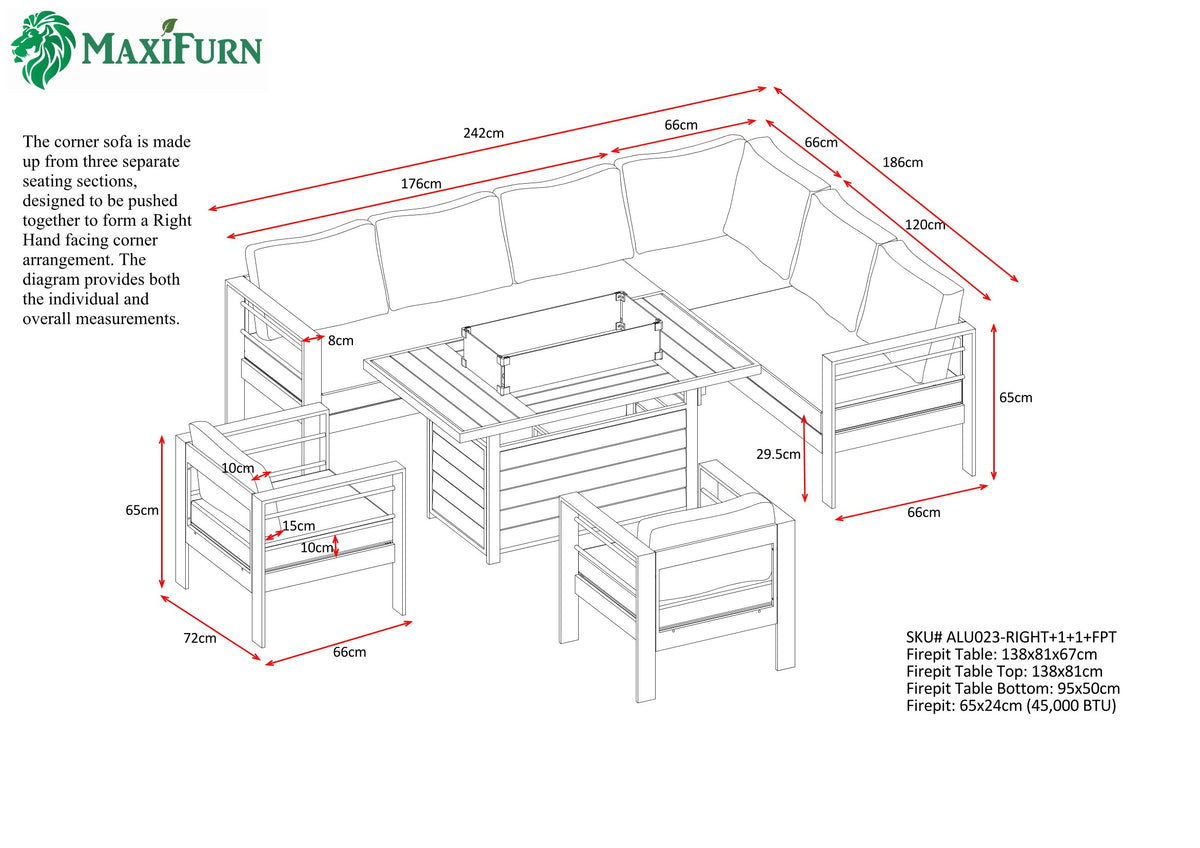 Aluminium Right Corner Sofa + 1 + 1 + Fire Pit Table Set in Black &amp; Grey