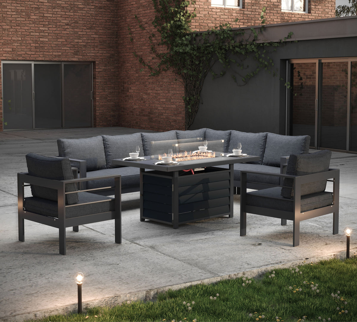 Aluminium Right Corner Sofa + 1 + 1 + Fire Pit Table Garden Set in Grey