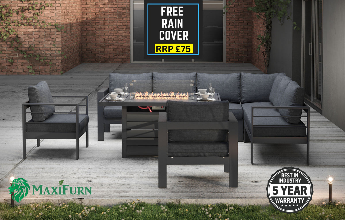 Aluminium Right Corner Sofa + 1 + 1 + Fire Pit Table Garden Set in Grey