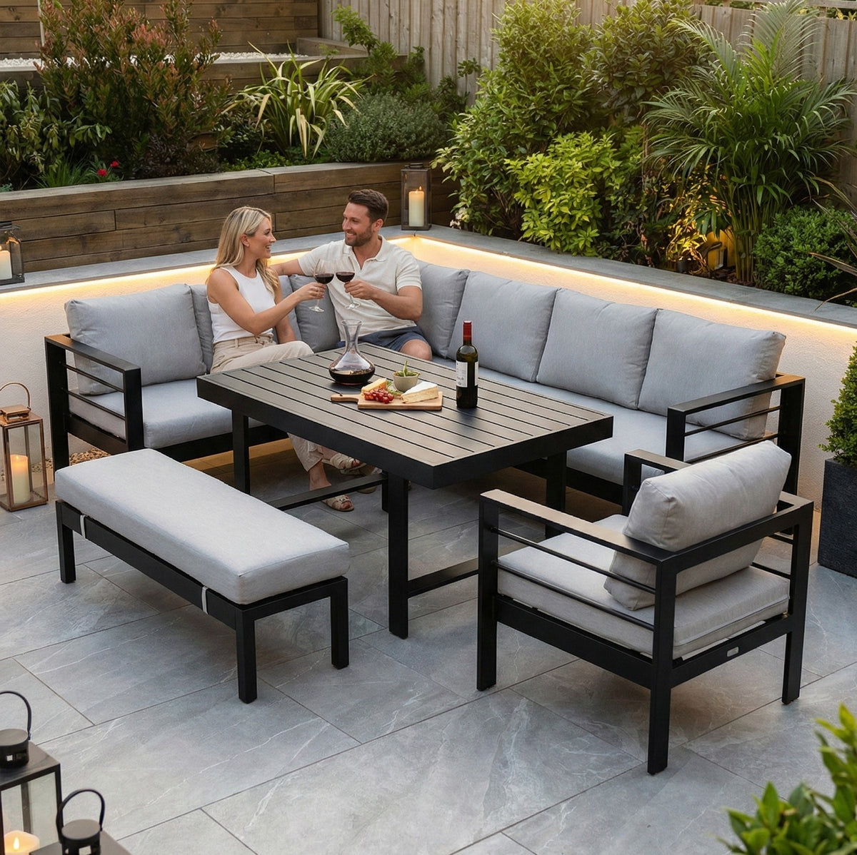 Aluminium Left Corner Sofa / Outdoor Dining Set Black & Grey