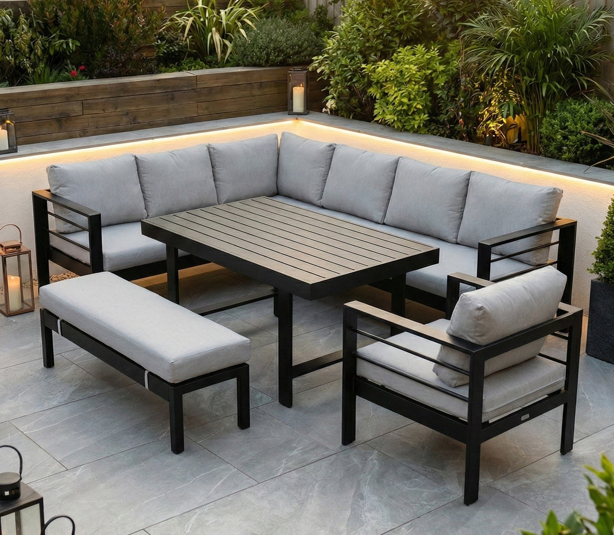 Aluminium Left Corner Sofa / Outdoor Dining Set Black & Grey