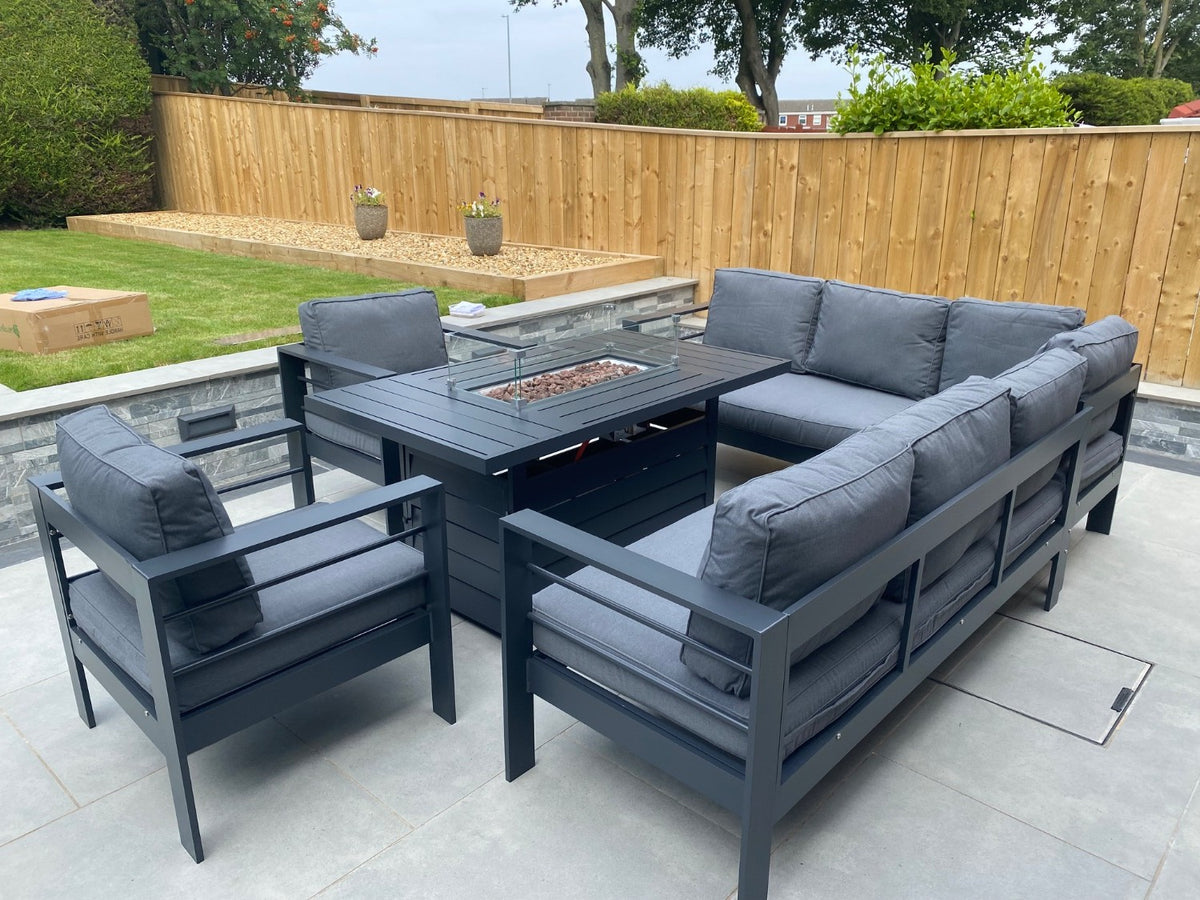 Aluminium Left Corner Sofa + 1 + 1 + Fire Pit Table Garden Set in Grey