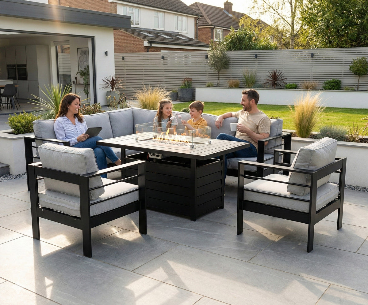 Aluminium Left Corner Sofa + 1 + 1 + Fire Pit Table Set in Black & Grey