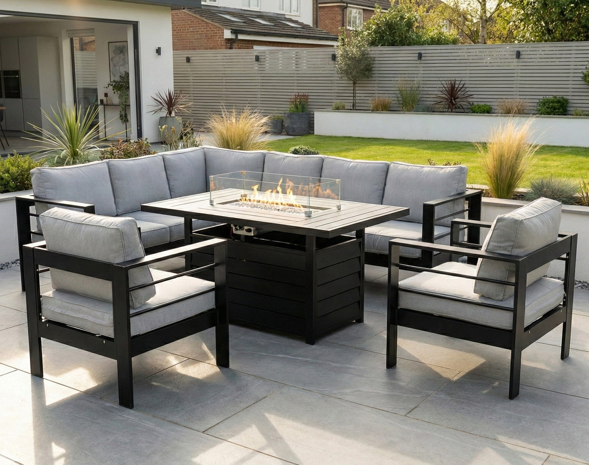 Aluminium Left Corner Sofa + 1 + 1 + Fire Pit Table Set in Black & Grey