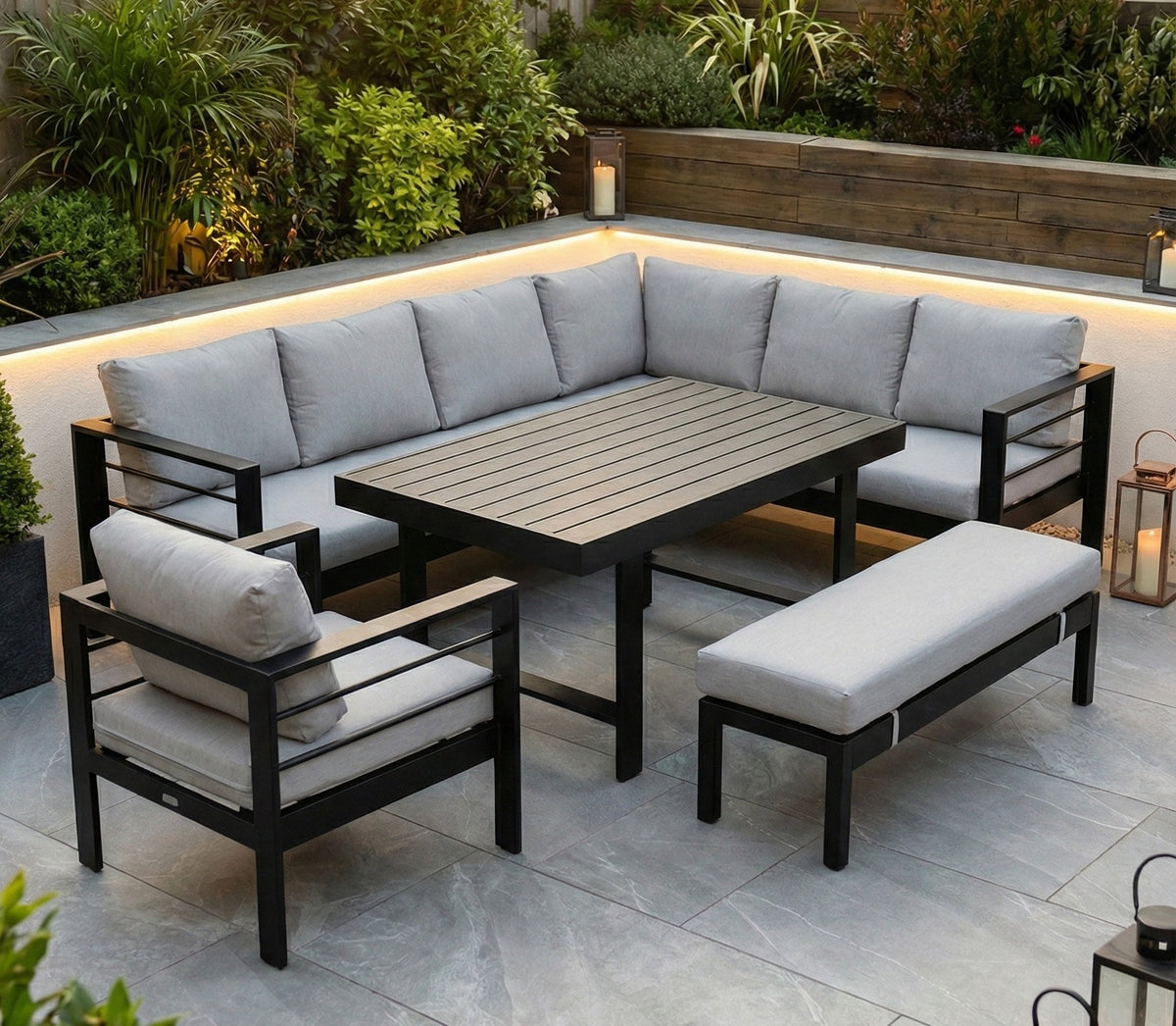 Aluminium Right Corner Sofa / Outdoor Dining Set Black and Grey