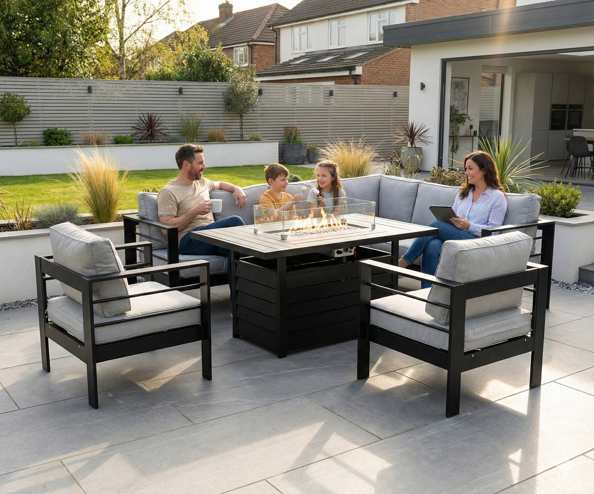 Aluminium Right Corner Sofa + 1 + 1 + Fire Pit Table Set in Black & Grey