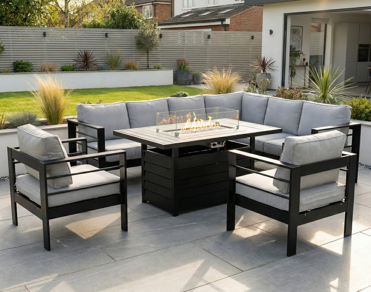 Aluminium Right Corner Sofa + 1 + 1 + Fire Pit Table Set in Black & Grey