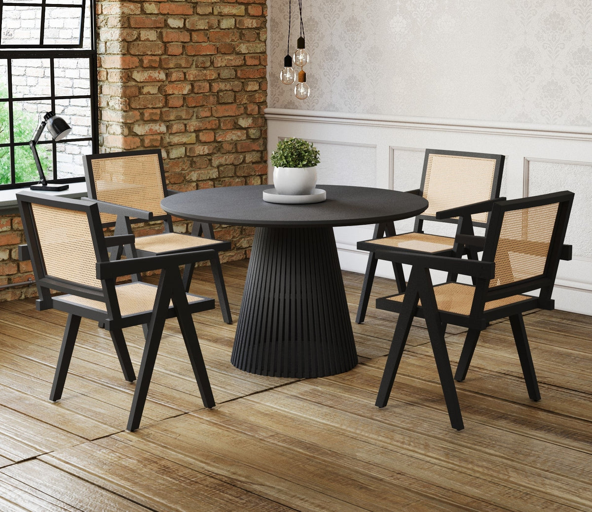 Round Flute Wood Dining Table &amp; 4 x Pierre Jeanneret Chairs Set - Black Acacia Wood Casa Maria Designs 
