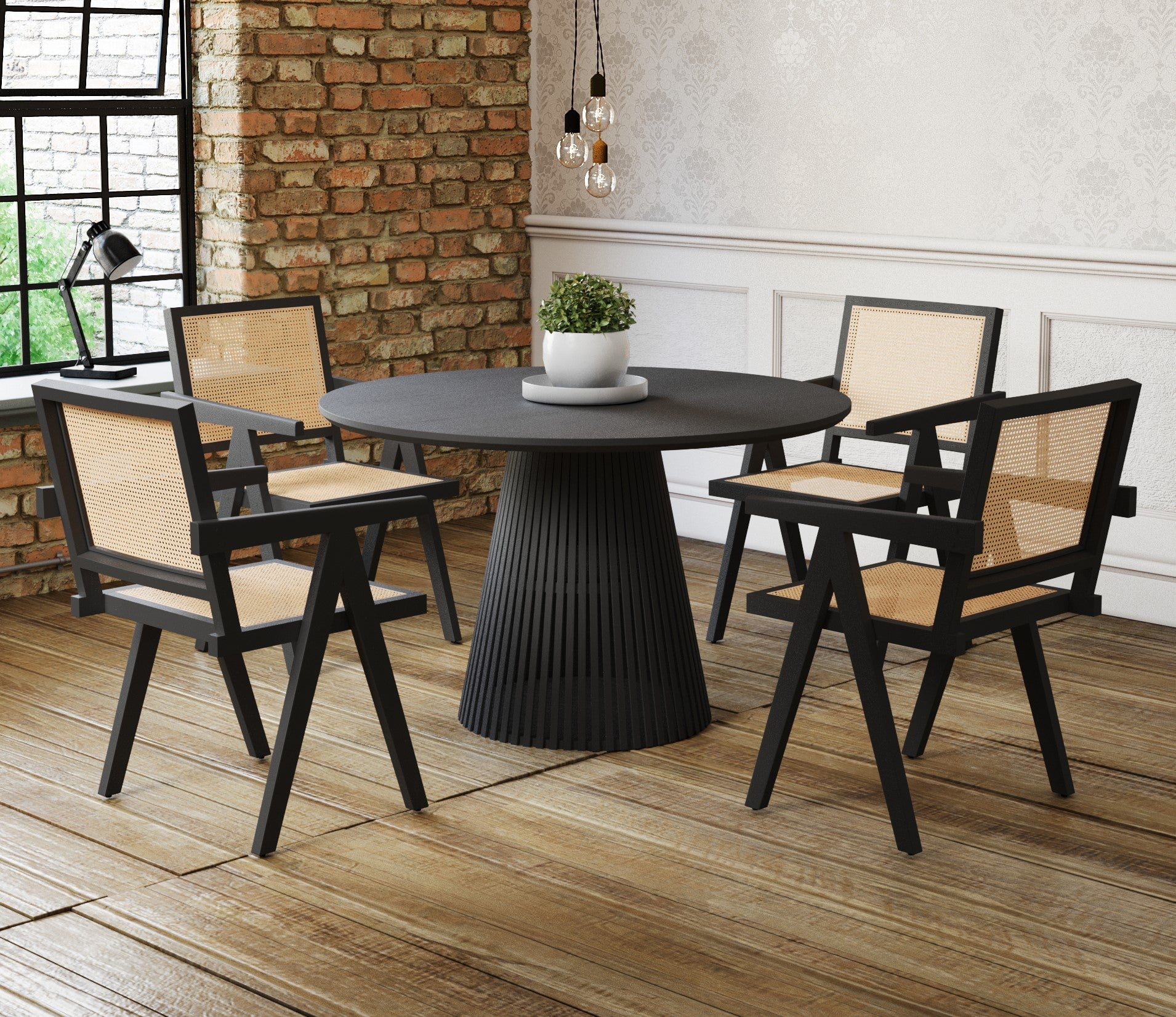 Round Flute Wood Dining Table & 4 x Pierre Jeanneret Chairs Set - Black Acacia Wood Casa Maria Designs 
