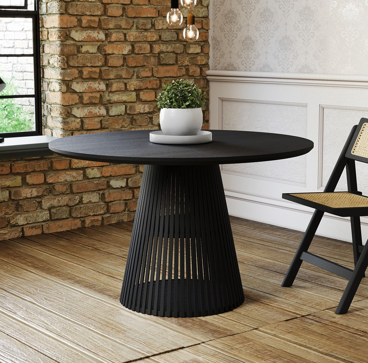Round Solid Acacia Wood Dining Table in Black | Flute Design Base - 120cms Casa Maria Designs 