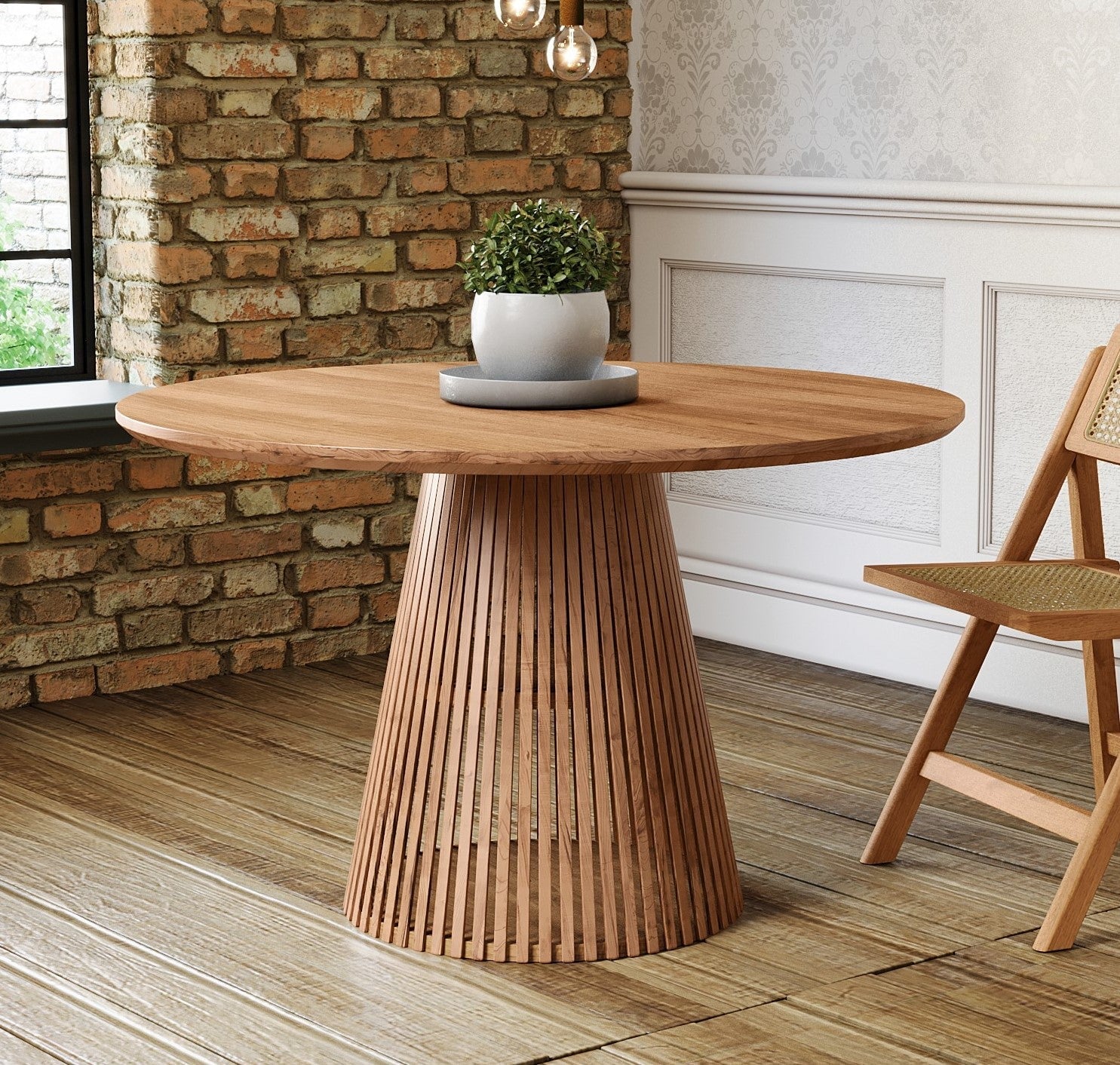 Round Table Images Round Solid Acacia Wood Dining Table | Flute Design Base - 120cms ...
