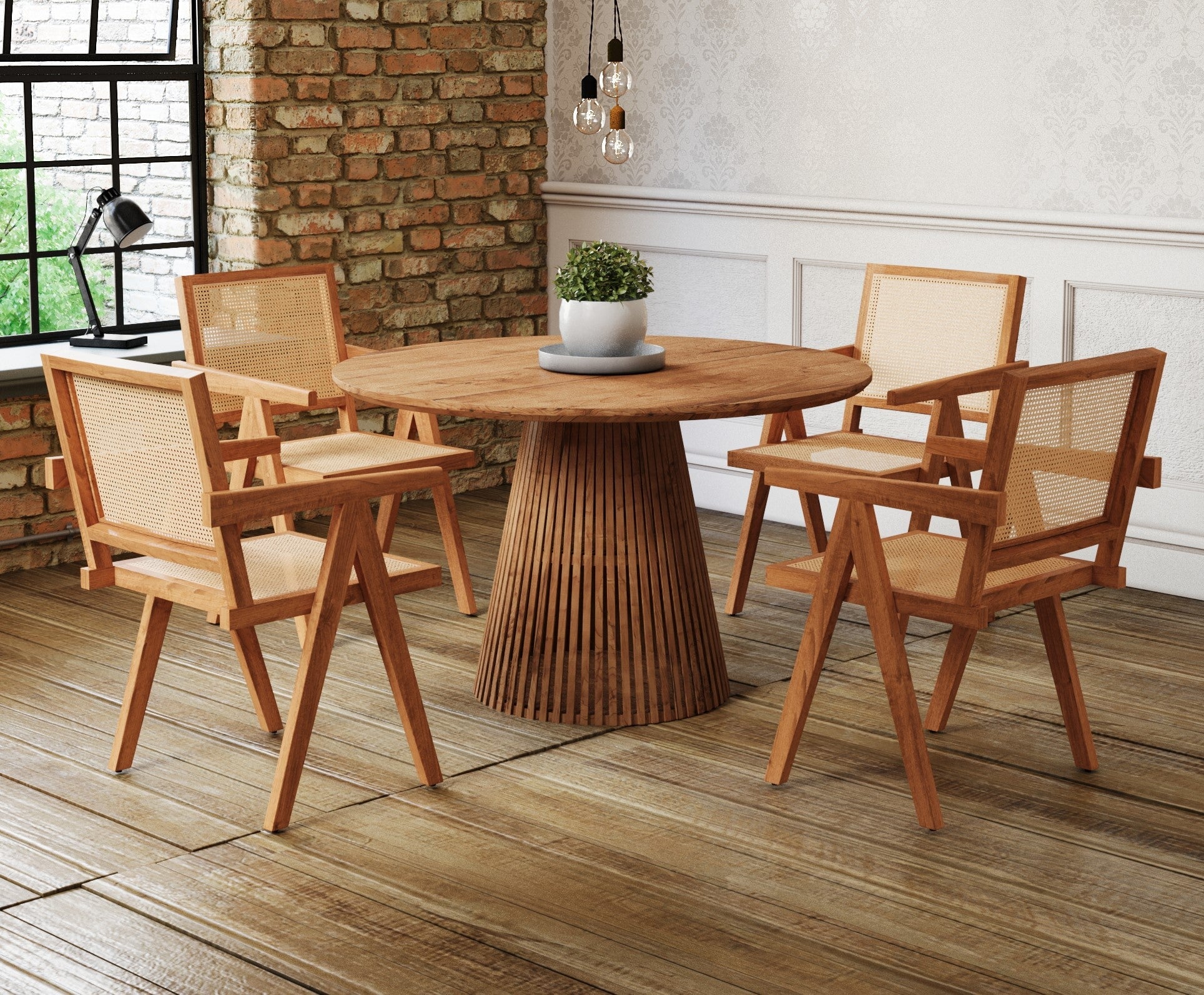 Round Flute Wood Dining Table & 4 x Pierre Jeanneret Chairs Set - Natural Acacia Wood Casa Maria Designs 