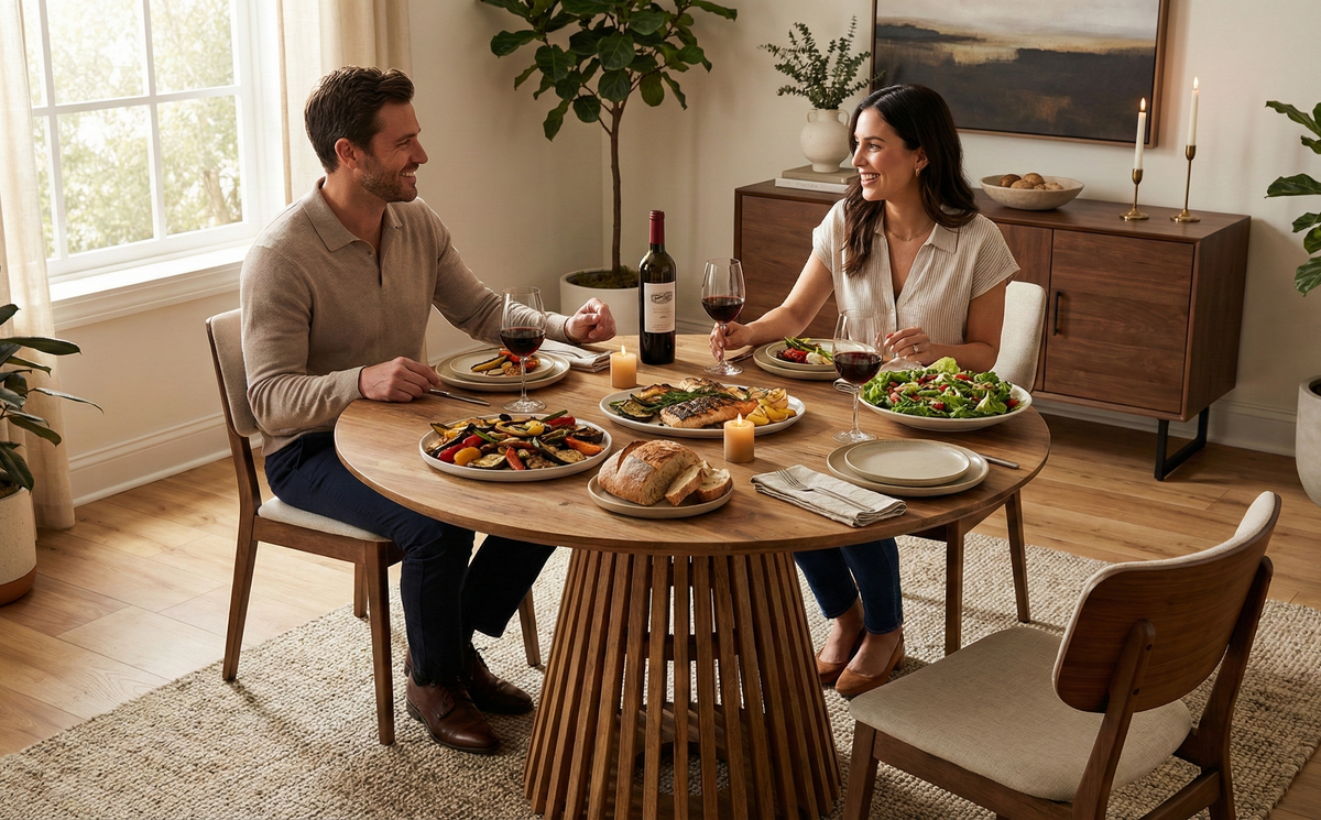 Round Solid Acacia Wood Dining Table | Flute Design Base - 120cms