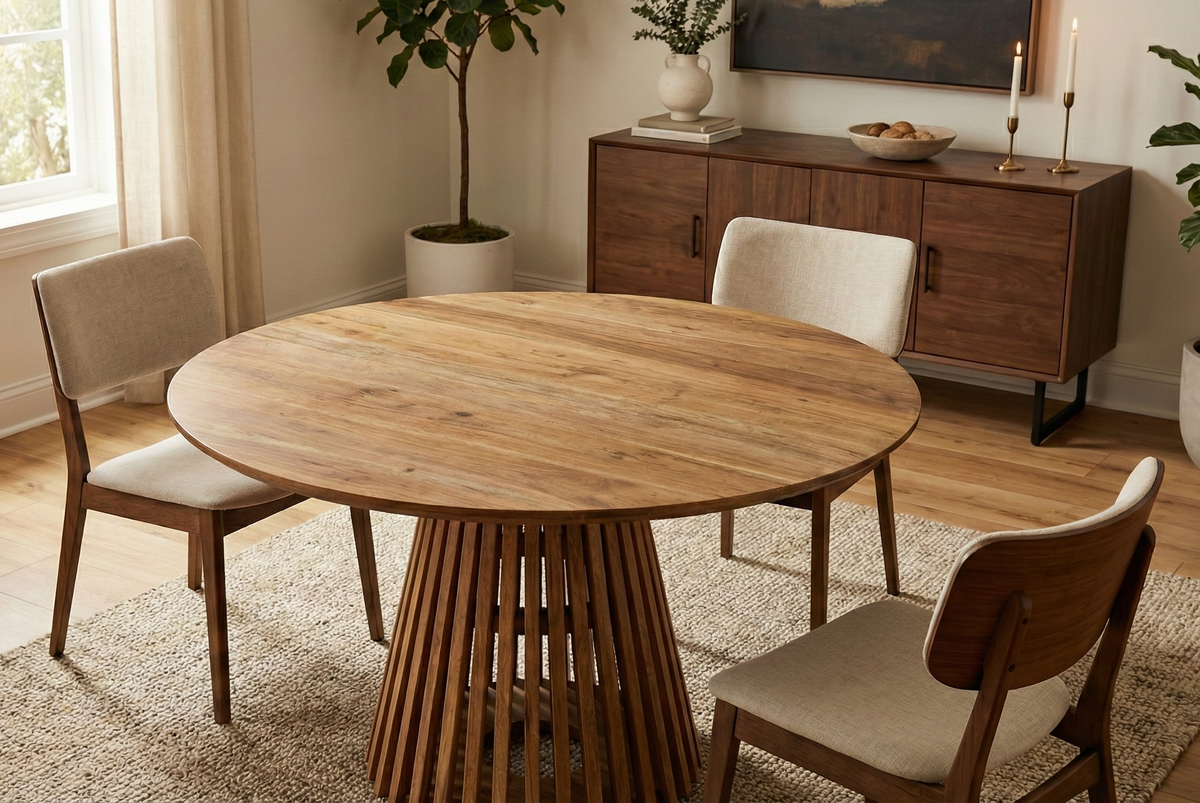 Round Solid Acacia Wood Dining Table | Flute Design Base - 120cms