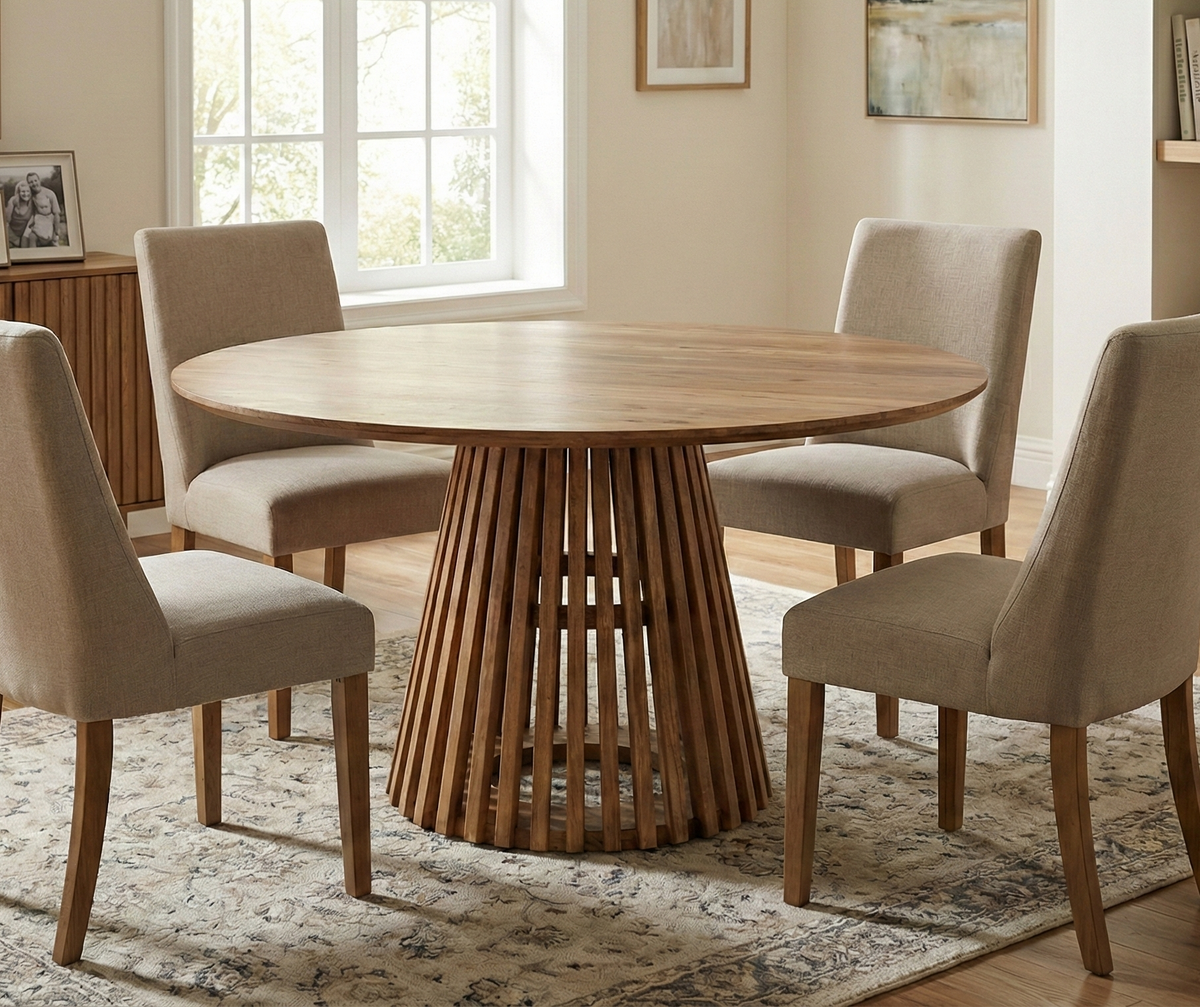 Round Solid Acacia Wood Dining Table | Flute Design Base - 120cms