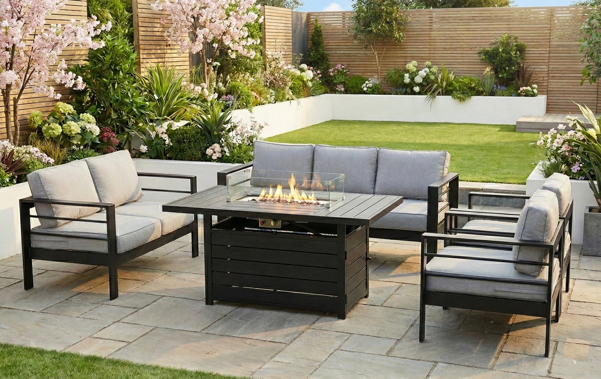 Aluminium 3 + 2 + 1 + 1 + Fire Pit Table Garden Furniture Sofa Set in Black and Grey