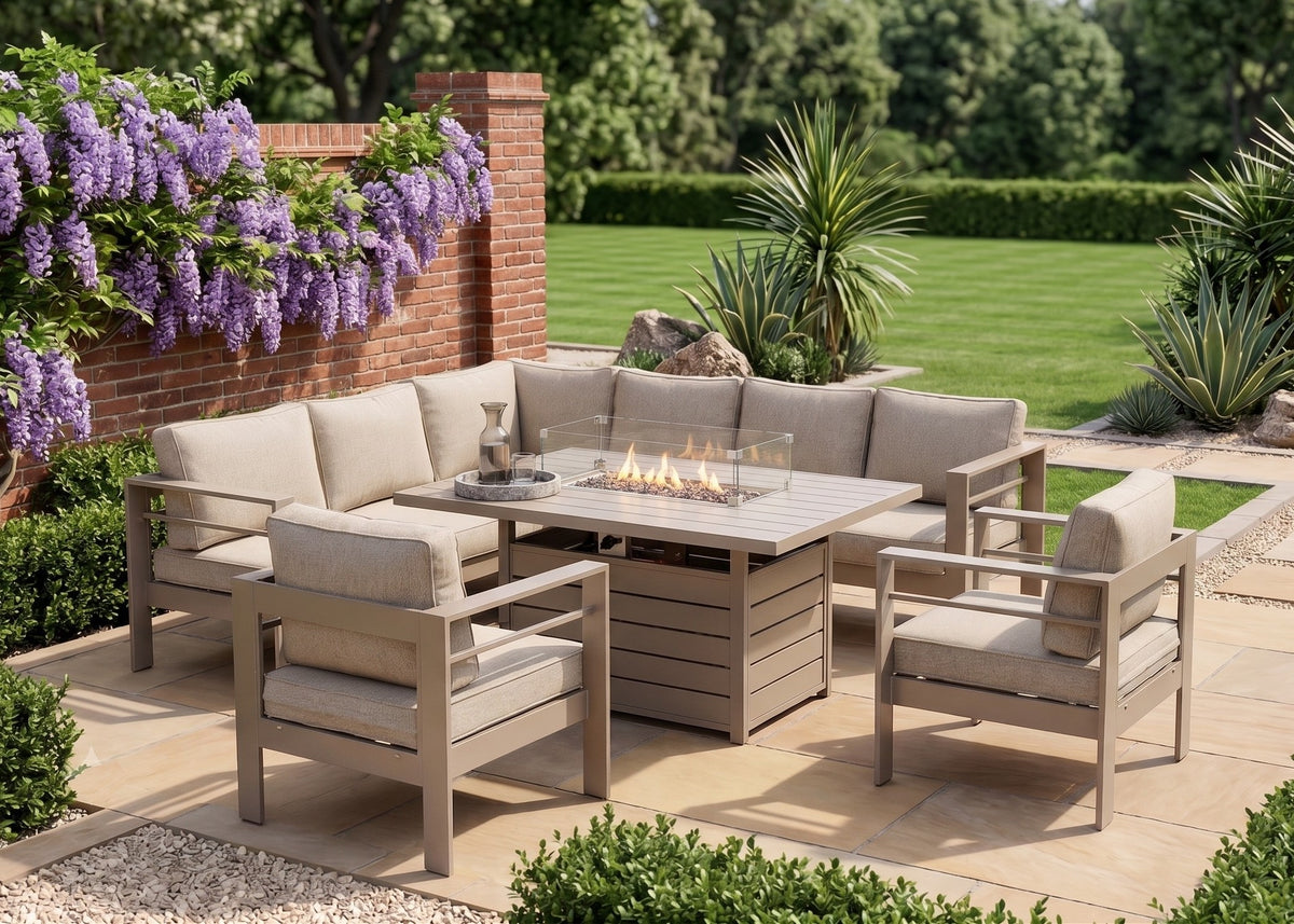 Aluminium Left-Hand Corner Garden Sofa Set with Fire Pit Table & Armchairs – Taupe / Natural