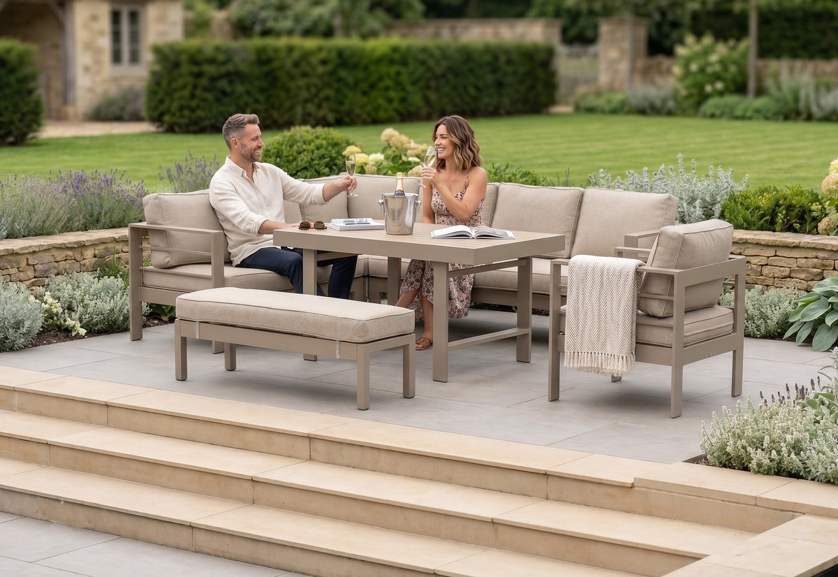 Aluminium Left Hand Corner Garden Sofa & Dining Set with Bench – Taupe / Natural