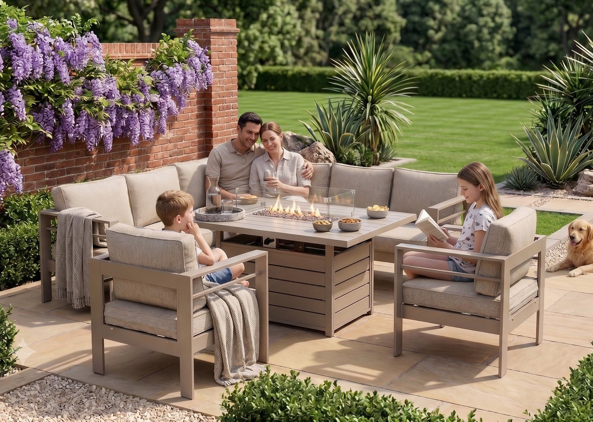Aluminium Left-Hand Corner Garden Sofa Set with Fire Pit Table & Armchairs – Taupe / Natural
