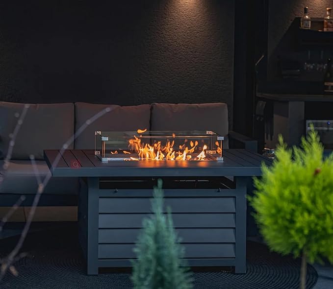 Aluminium Left Corner Sofa + 1 + 1 + Fire Pit Table Set in Black &amp; Grey