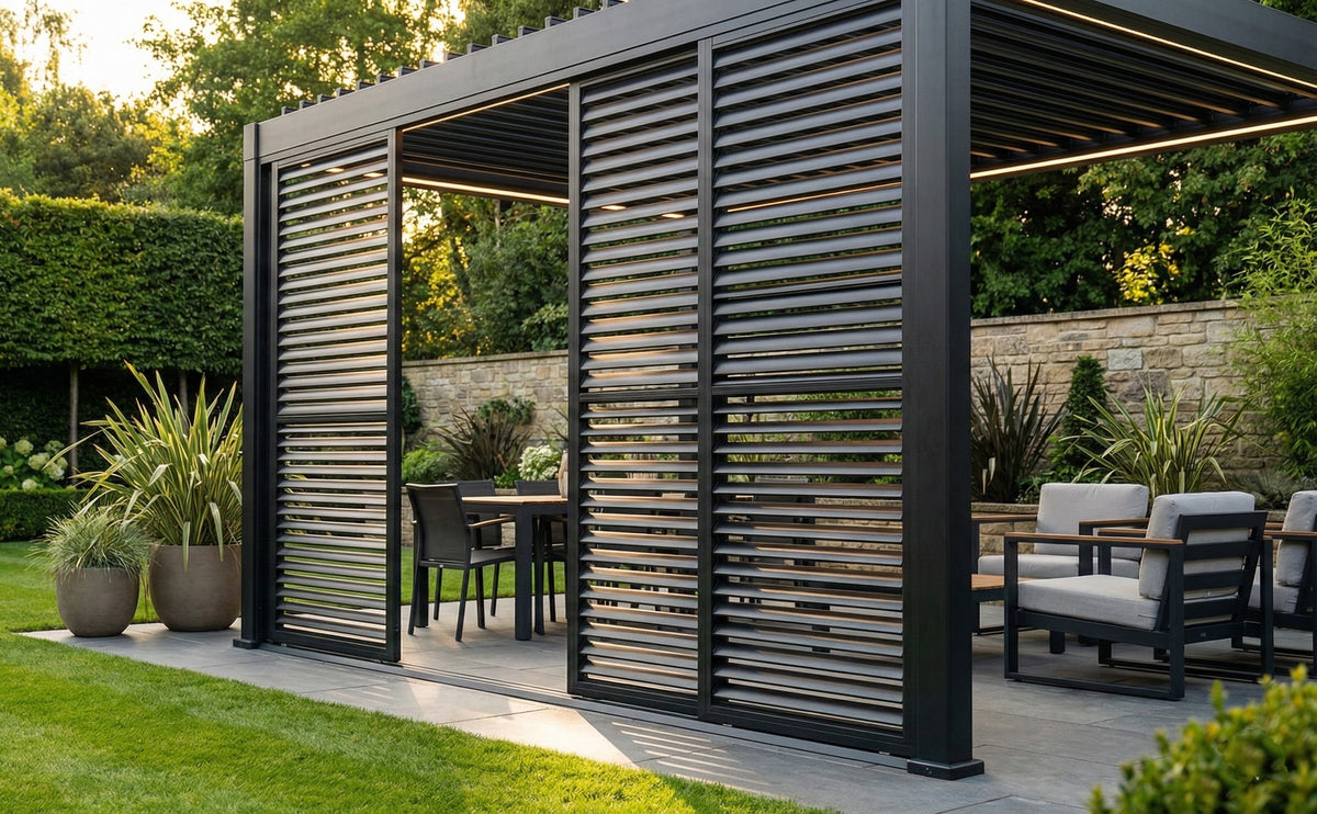 4M Aluminium Shuttered Louvre Sliding Door System – LuxShade™ Pergola
