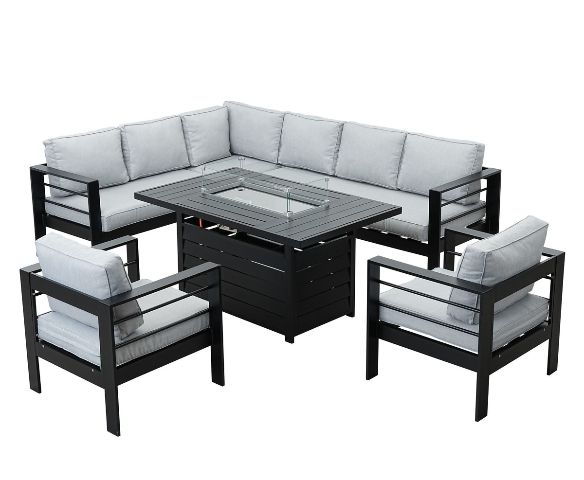 Aluminium Left Corner Sofa + 1 + 1 + Fire Pit Table Set in Black &amp; Grey