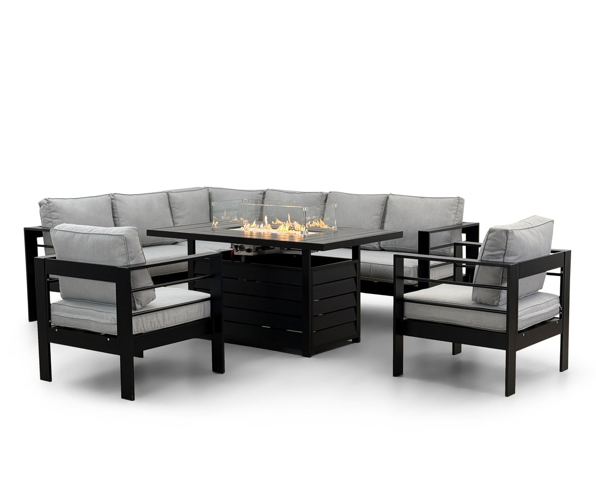 Aluminium Left Corner Sofa + 1 + 1 + Fire Pit Table Set in Black &amp; Grey