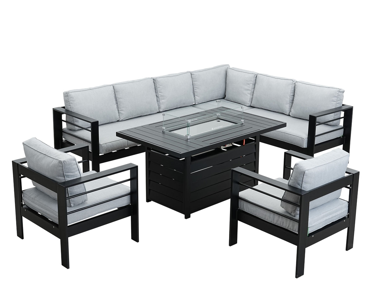 Aluminium Right Corner Sofa + 1 + 1 + Fire Pit Table Set in Black &amp; Grey