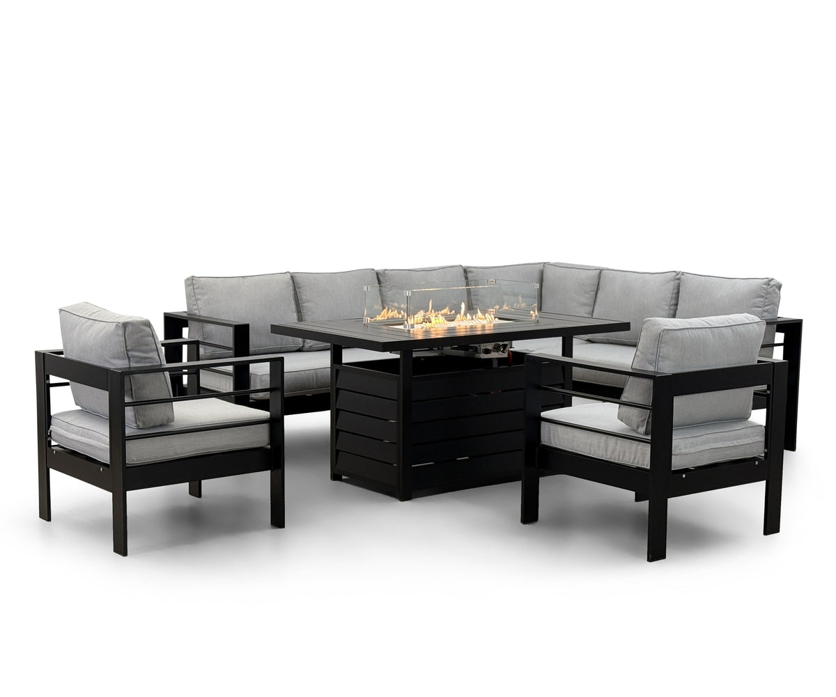 Aluminium Right Corner Sofa + 1 + 1 + Fire Pit Table Set in Black &amp; Grey