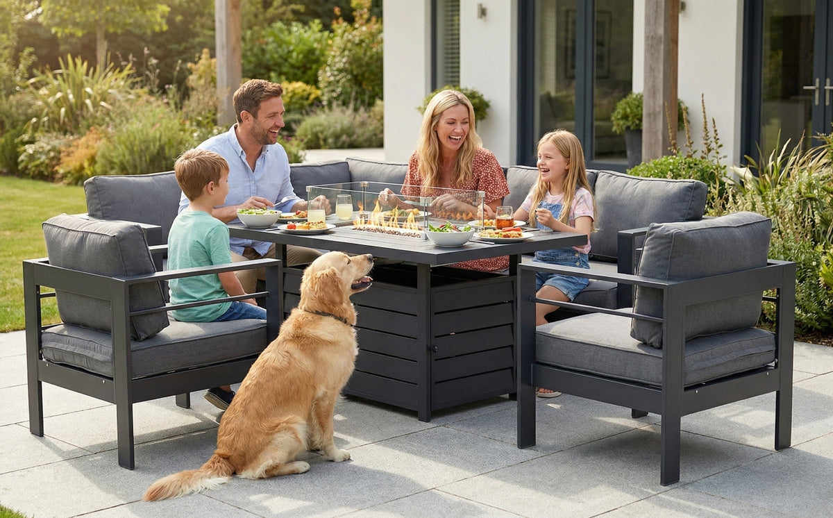 Aluminium Left Corner Sofa + 1 + 1 + Fire Pit Table Garden Set in Grey