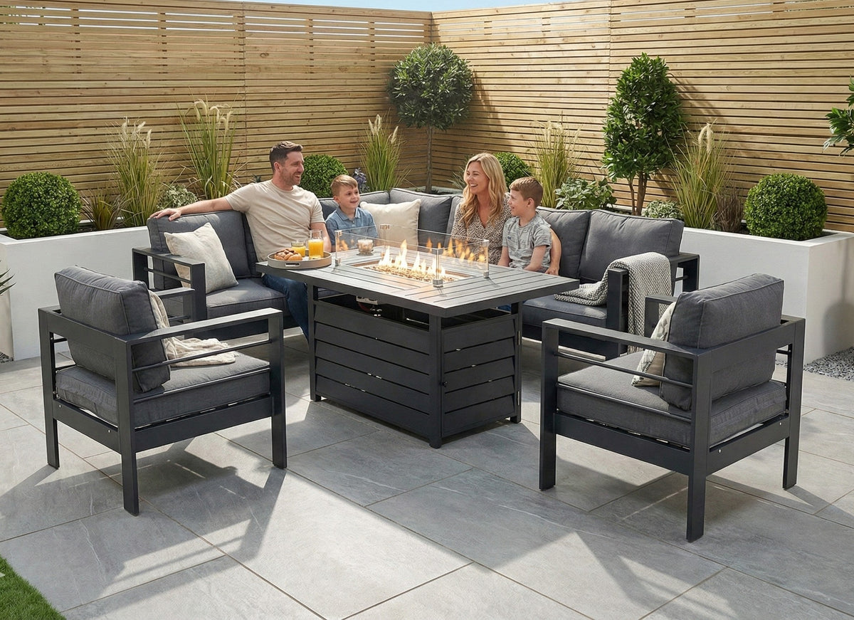 Aluminium Left Corner Sofa + 1 + 1 + Fire Pit Table Garden Set in Grey