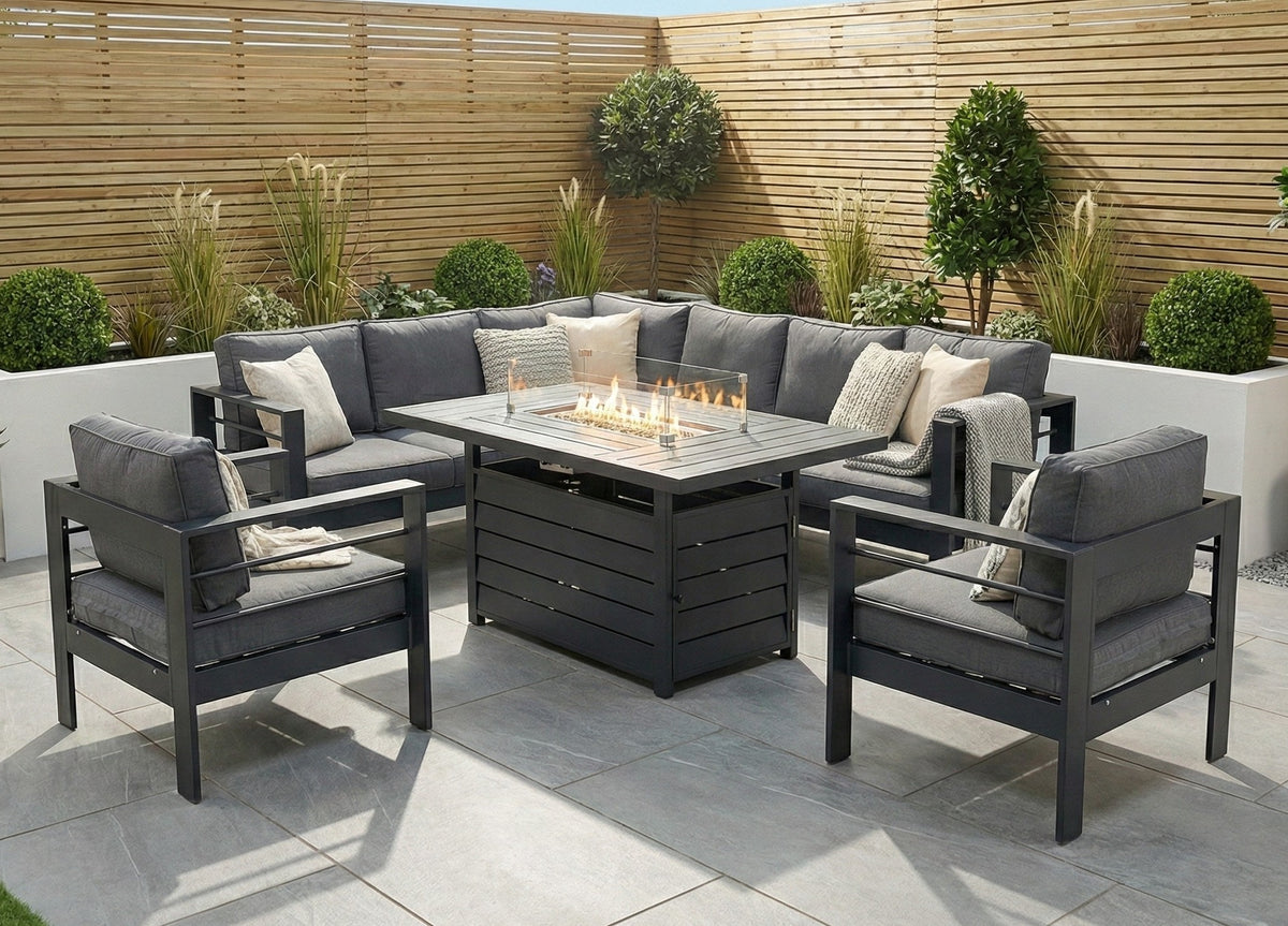 Aluminium Left Corner Sofa + 1 + 1 + Fire Pit Table Garden Set in Grey