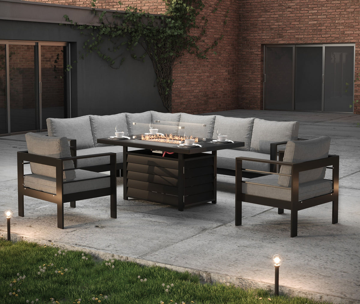 Aluminium Left Corner Sofa + 1 + 1 + Fire Pit Table Set in Black &amp; Grey