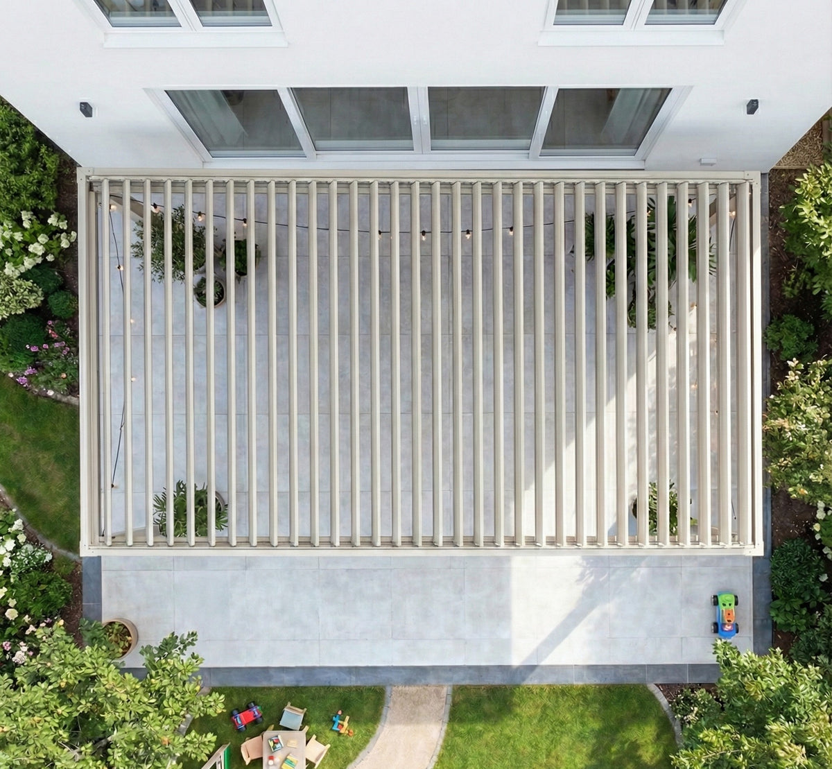 LuxShade™ 3×4m Pebble Aluminium Pergola with LEDs, Double-Layered Roof & 3 Blinds