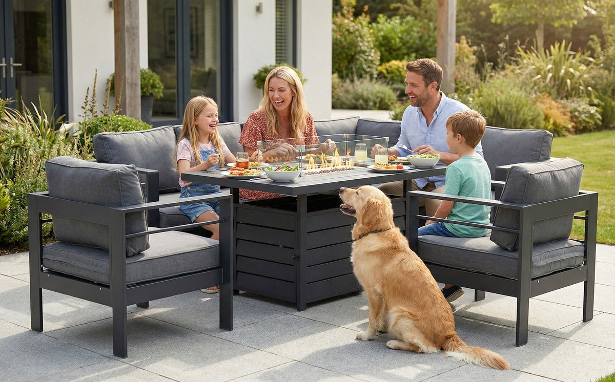 Aluminium Right Corner Sofa + 1 + 1 + Fire Pit Table Garden Set in Grey