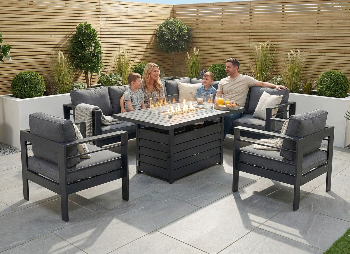 Aluminium Right Corner Sofa + 1 + 1 + Fire Pit Table Garden Set in Grey