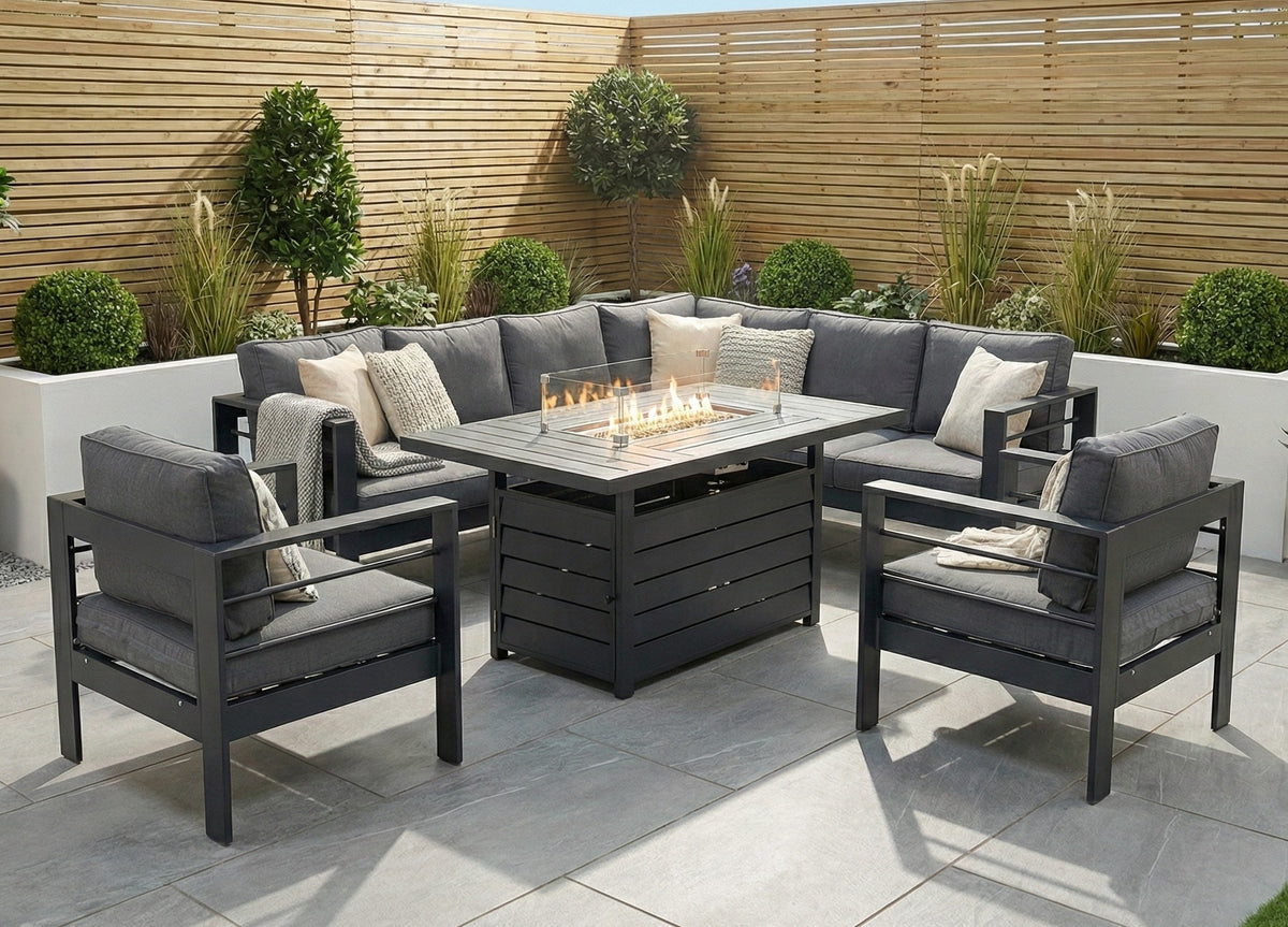 Aluminium Right Corner Sofa + 1 + 1 + Fire Pit Table Garden Set in Grey