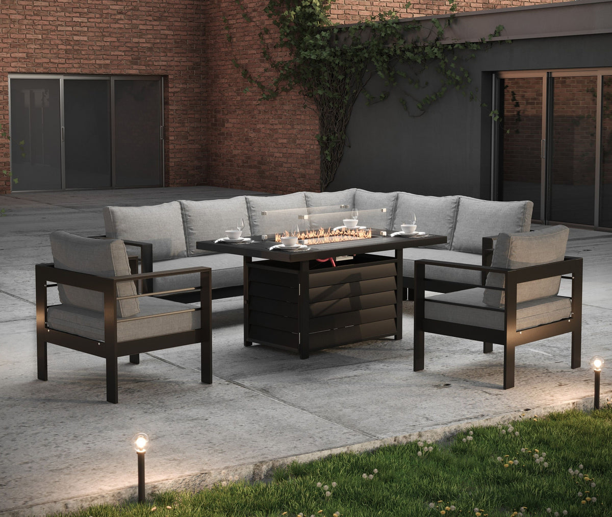 Aluminium Right Corner Sofa + 1 + 1 + Fire Pit Table Set in Black &amp; Grey