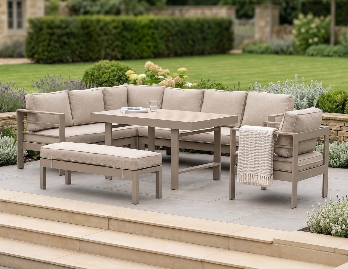 Aluminium Left Hand Corner Garden Sofa & Dining Set with Bench – Taupe / Natural