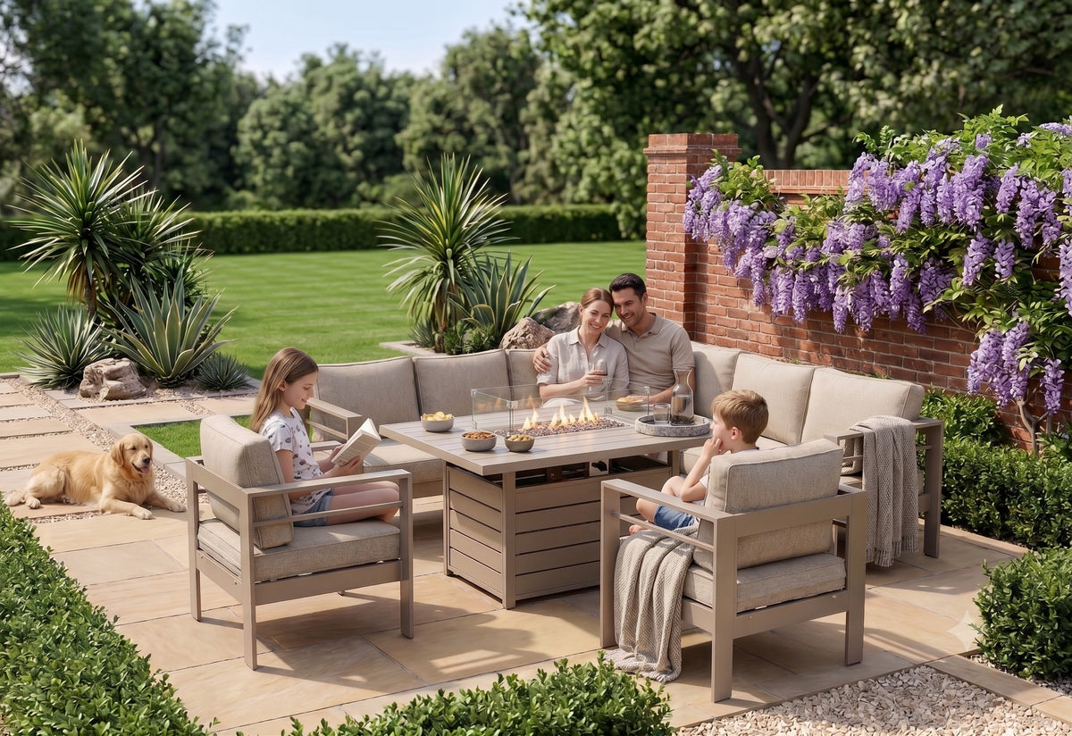 Aluminium Right-Hand Corner Garden Sofa Set with Fire Pit Table & Armchairs – Taupe / Natural (Copy)