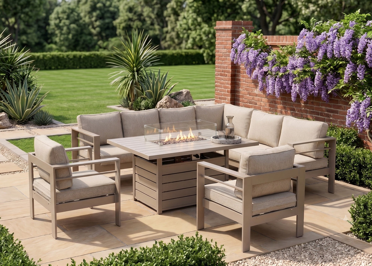 Aluminium Right-Hand Corner Garden Sofa Set with Fire Pit Table & Armchairs – Taupe / Natural (Copy)