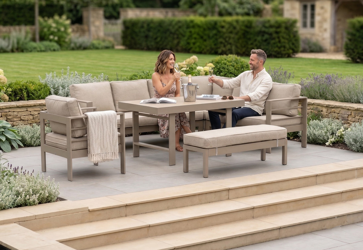 Aluminium Right Hand Corner Garden Sofa & Dining Set with Bench – Taupe / Natural