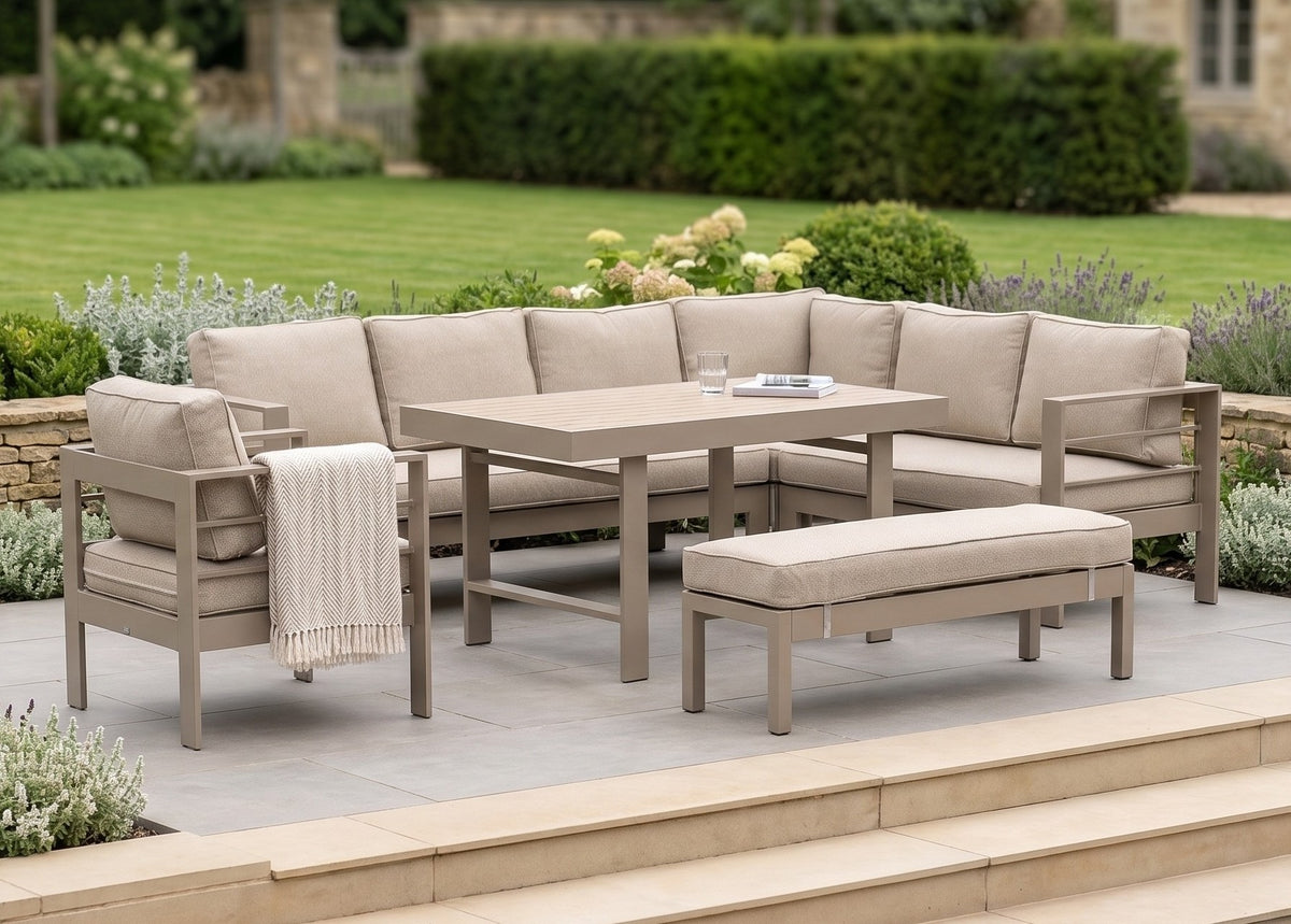 Aluminium Right Hand Corner Garden Sofa & Dining Set with Bench – Taupe / Natural