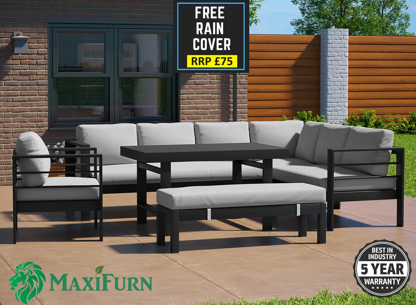 Aluminium Right Hand Corner Sofa / Outdoor Garden Dining Set in Black and Grey Rattan Furniture MaxiFurn 