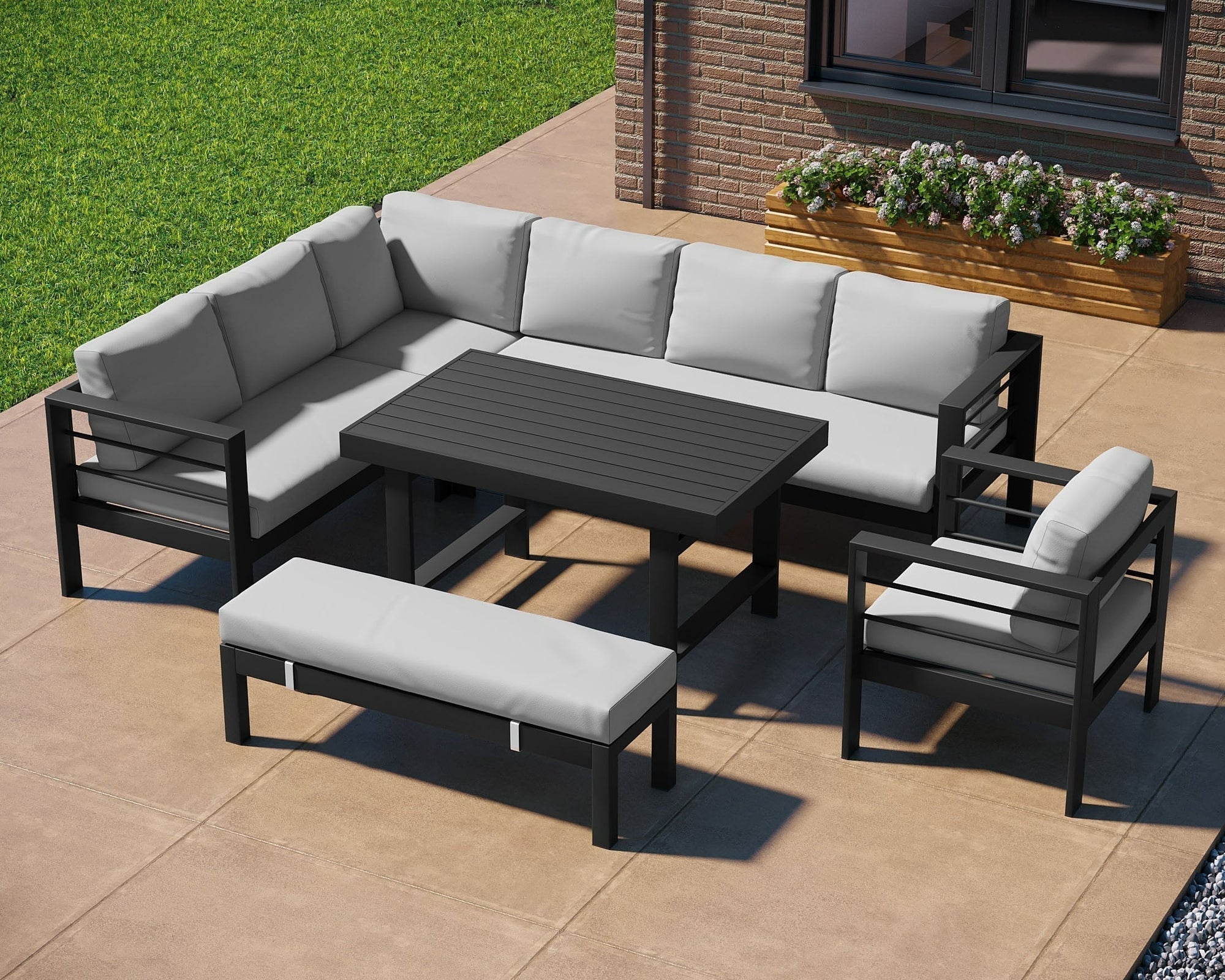 Aluminium Right Hand Corner Sofa / Outdoor Garden Dining Set in Black and Grey Rattan Furniture MaxiFurn 