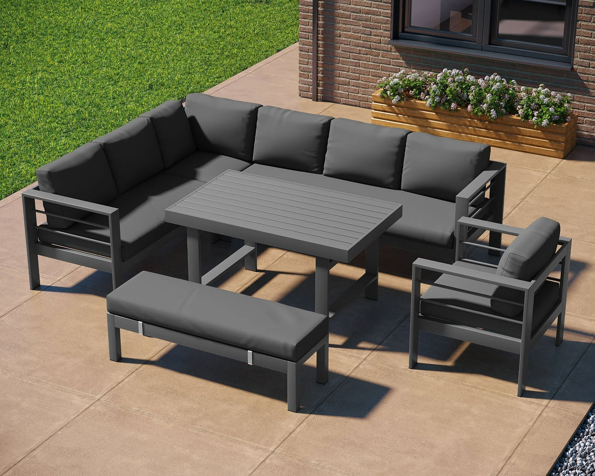 Aluminium Right Hand Corner Sofa / Outdoor Garden Dining Set in Dark Grey Rattan Furniture MaxiFurn 